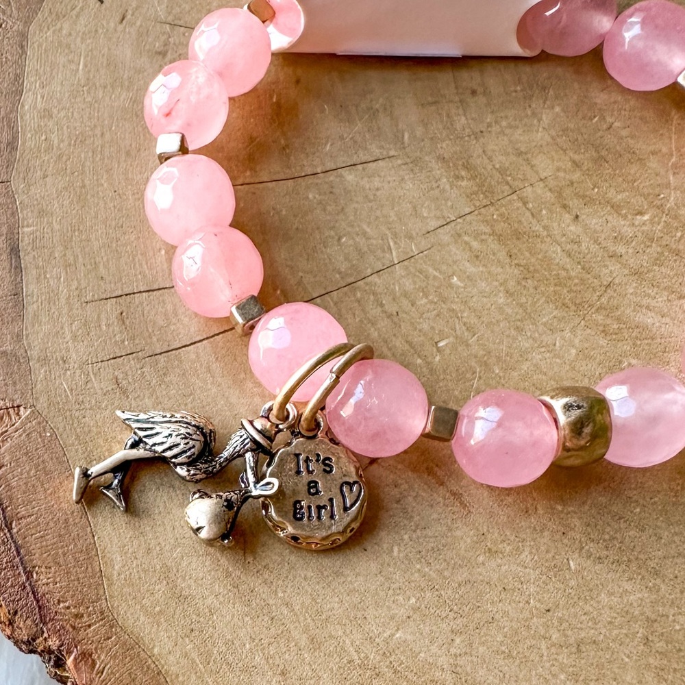 Baby Pink Glass Stone Bead New Mom Stretch Bracelet It's A GIRL Stork Charms